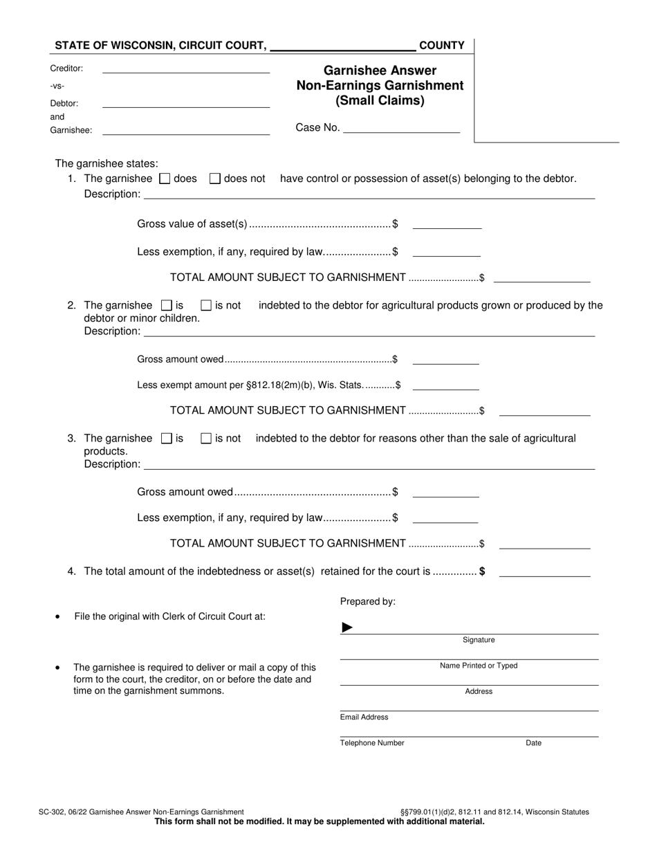 Form SC-302 Garnishee Answer Non-earnings Garnishment (Small Claims) - Wisconsin, Page 1