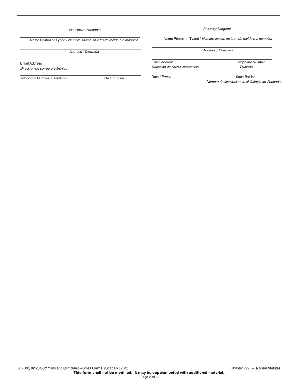 Form SC-500 Summons and Complaint - Small Claims - Wisconsin (English / Spanish), Page 3