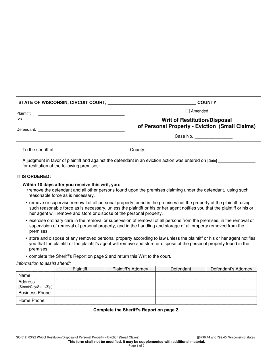 Form SC-512 Writ of Restitution / Disposal of Personal Property - Eviction (Small Claims) - Wisconsin, Page 1