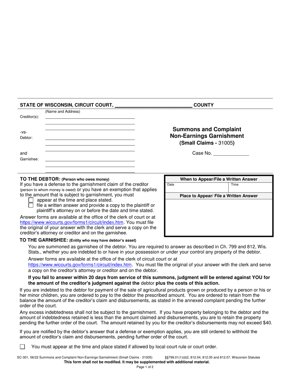 Form SC-301 Summons and Complaint Non-earnings Garnishment (Small Claims - 31005) - Wisconsin, Page 1