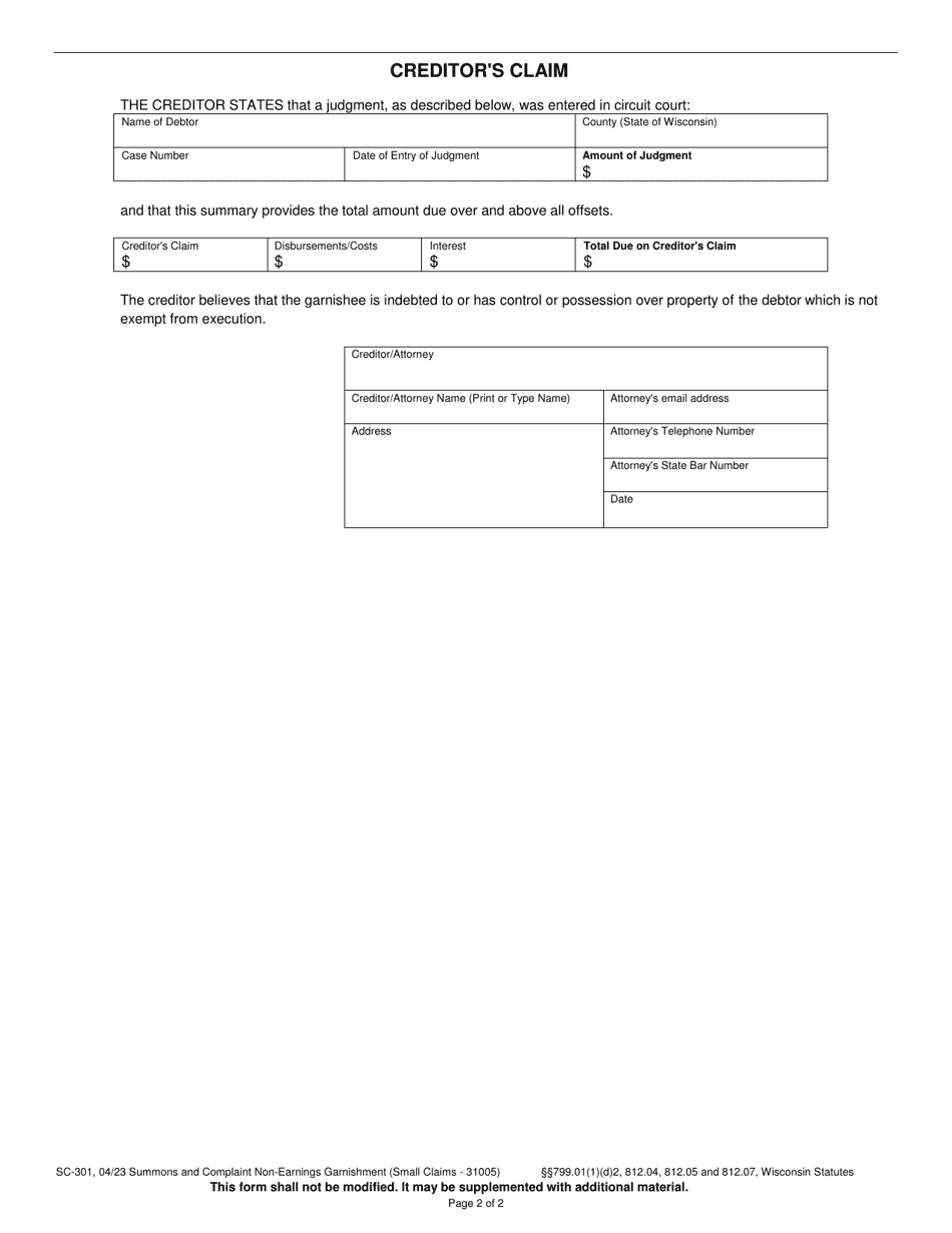 Form SC-301 Summons and Complaint Non-earnings Garnishment (Small Claims - 31005) - Wisconsin, Page 2