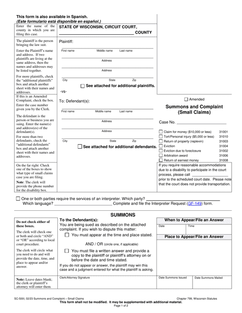 Form SC-500I Summons and Complaint (Small Claims) - Wisconsin