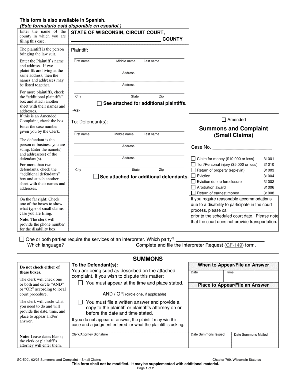 Form SC-500I Summons and Complaint (Small Claims) - Wisconsin, Page 1