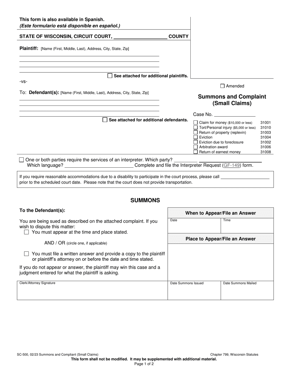 Form SC-500 Summons and Complaint (Small Claims) - Wisconsin, Page 1