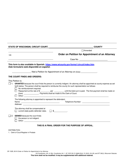 Form GF-152B Order on Petition for Appointment of an Attorney - Wisconsin
