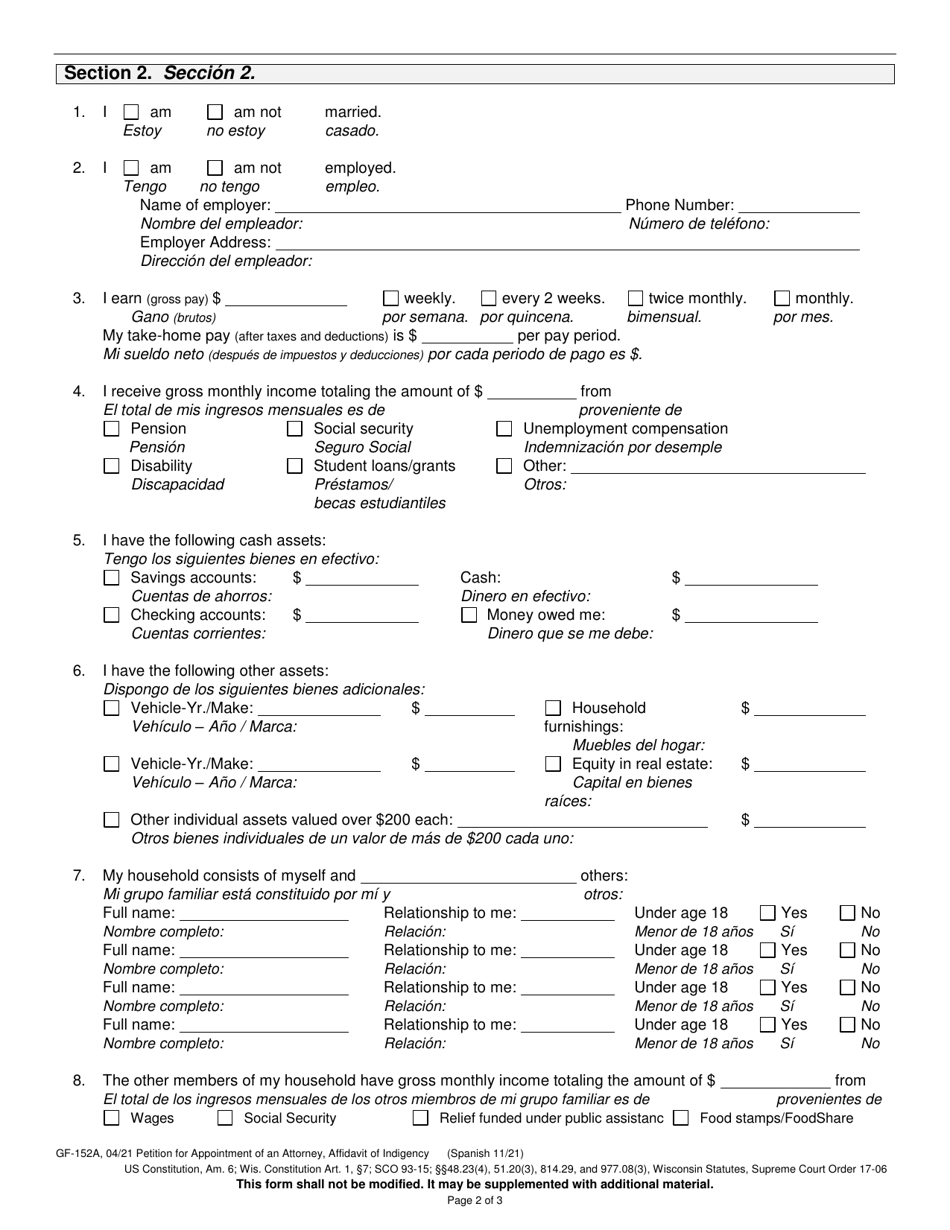 Form GF-152A Petition for Appointment of an Attorney, Affidavit of Indigency - Wisconsin (English / Spanish), Page 2