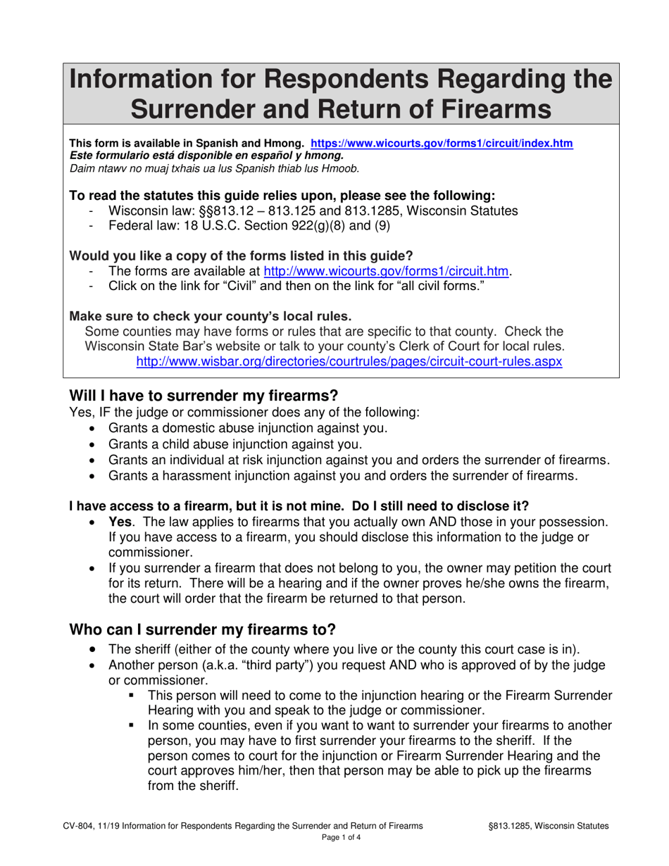 Form CV-804 Information for Respondents Regarding the Surrender and Return of Firearms - Wisconsin, Page 1
