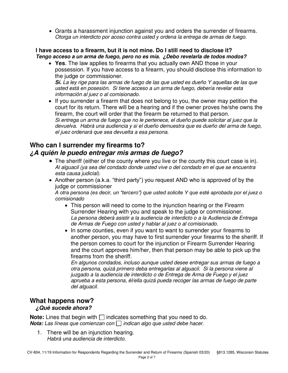 Form CV-804 Information for Respondents Regarding the Surrender and Return of Firearms - Wisconsin (English / Spanish), Page 2