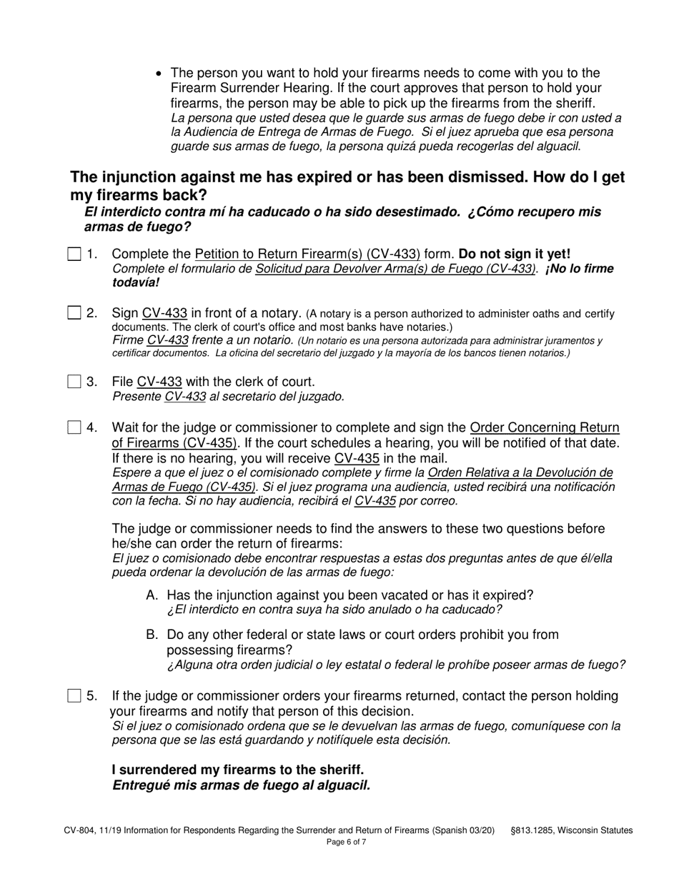 Form CV-804 Information for Respondents Regarding the Surrender and Return of Firearms - Wisconsin (English / Spanish), Page 6