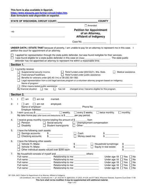 Form GF-152A Petition for Appointment of an Attorney, Affidavit of Indigency - Wisconsin