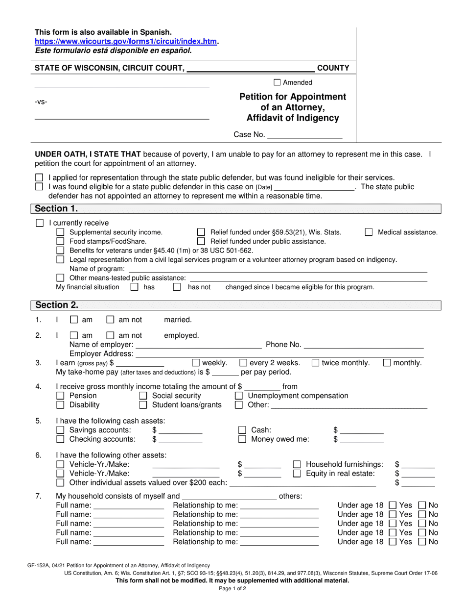 Form GF-152A Petition for Appointment of an Attorney, Affidavit of Indigency - Wisconsin, Page 1