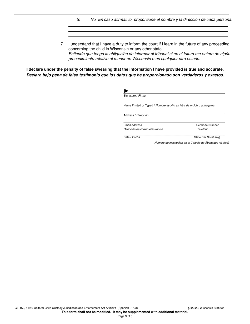 Form GF-150 Uniform Child Custody Jurisdiction and Enforcement Act Affidavit - Wisconsin (English / Spanish), Page 3