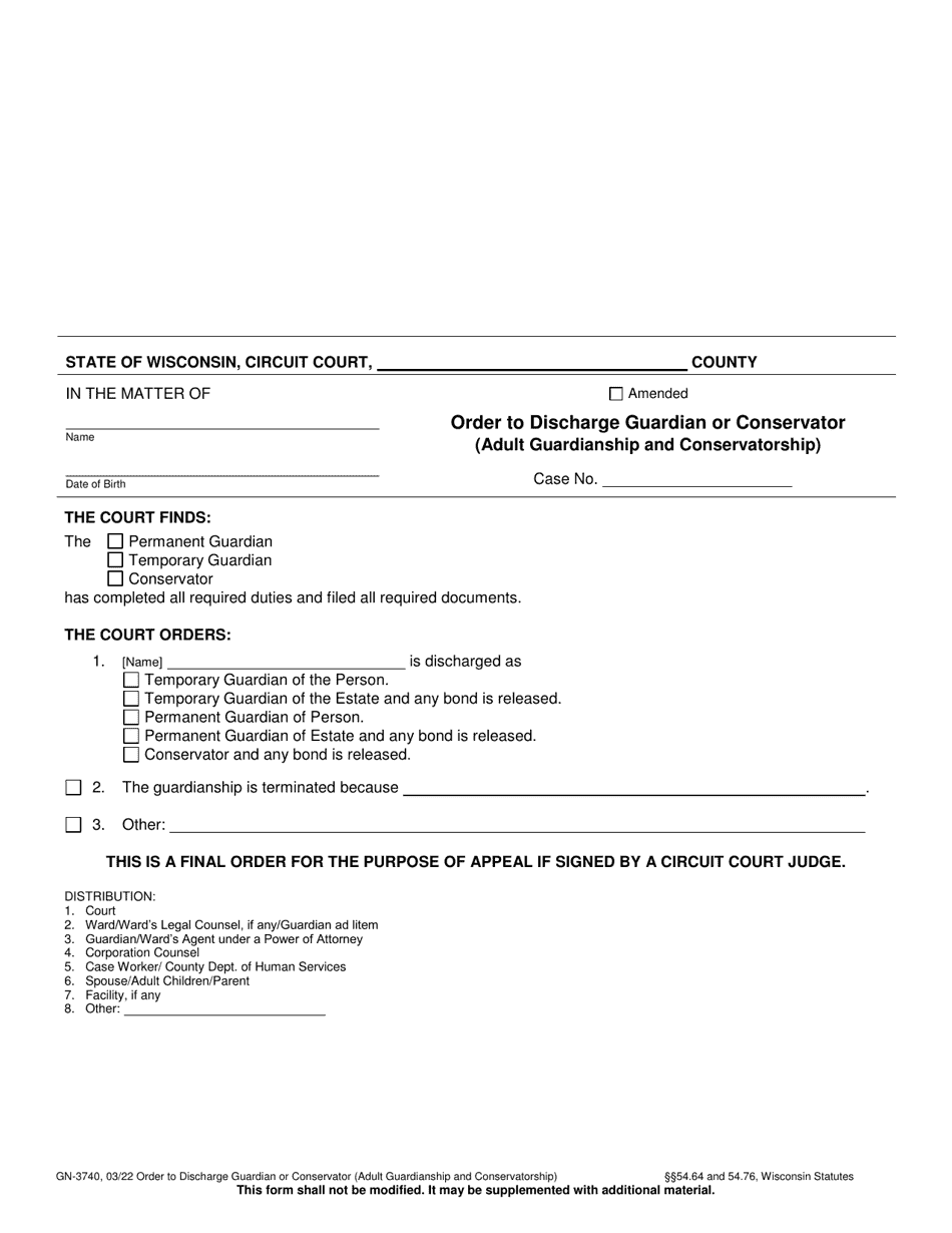 Form GN-3740 Order to Discharge Guardian or Conservator (Adult Guardianship and Conservatorship) - Wisconsin, Page 1