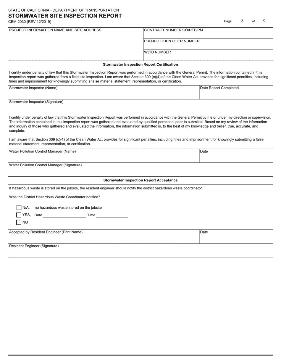 Form CEM-2030 Stormwater Site Inspection Report - California, Page 8