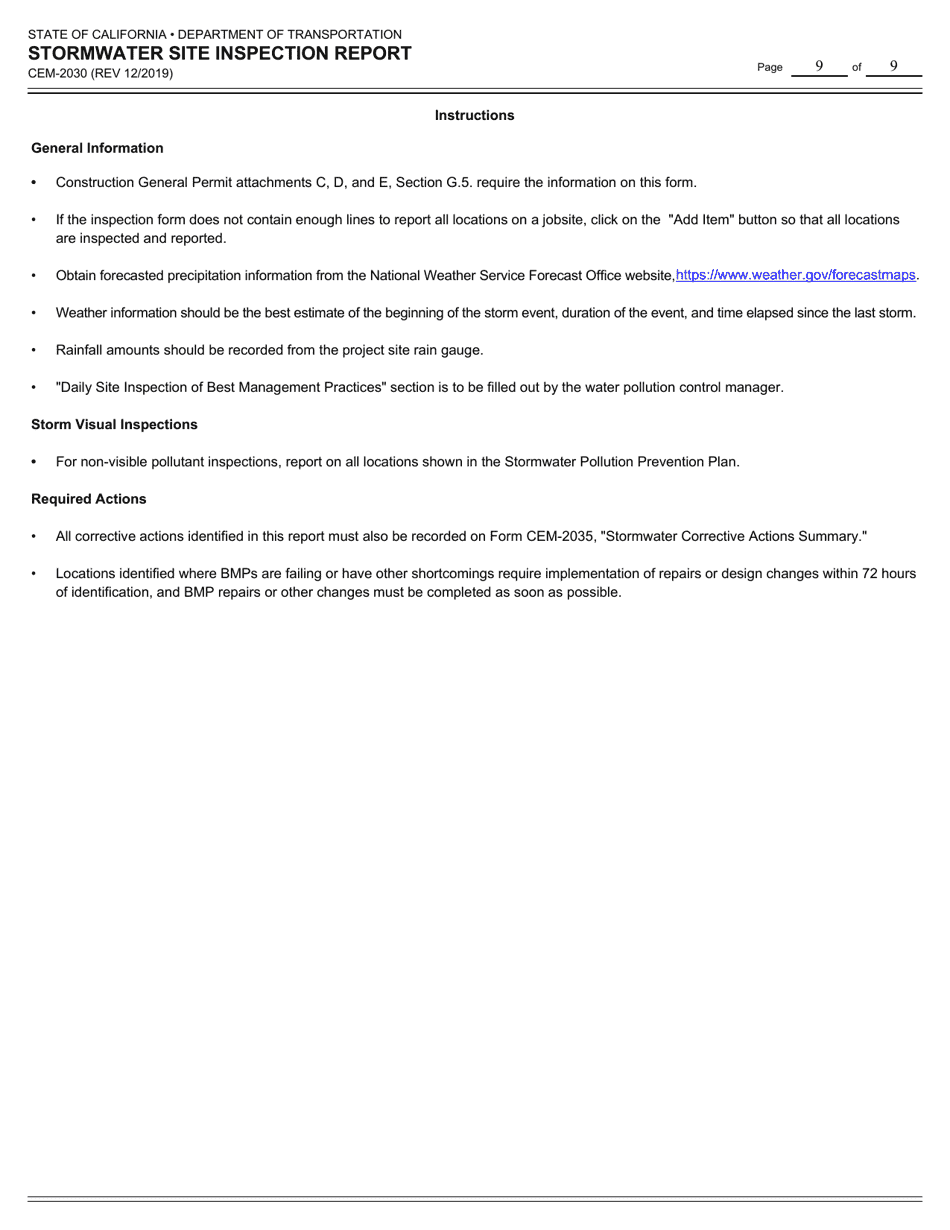 Form CEM-2030 Stormwater Site Inspection Report - California, Page 9