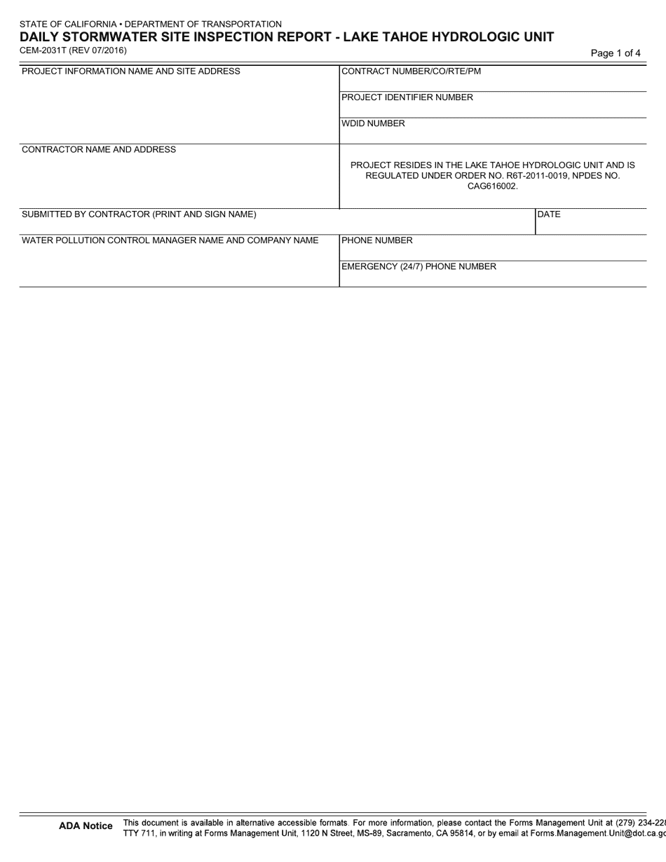 Form CEM-2031T Daily Stormwater Site Inspection Report - Lake Tahoe Hydrologic Unit - California, Page 1