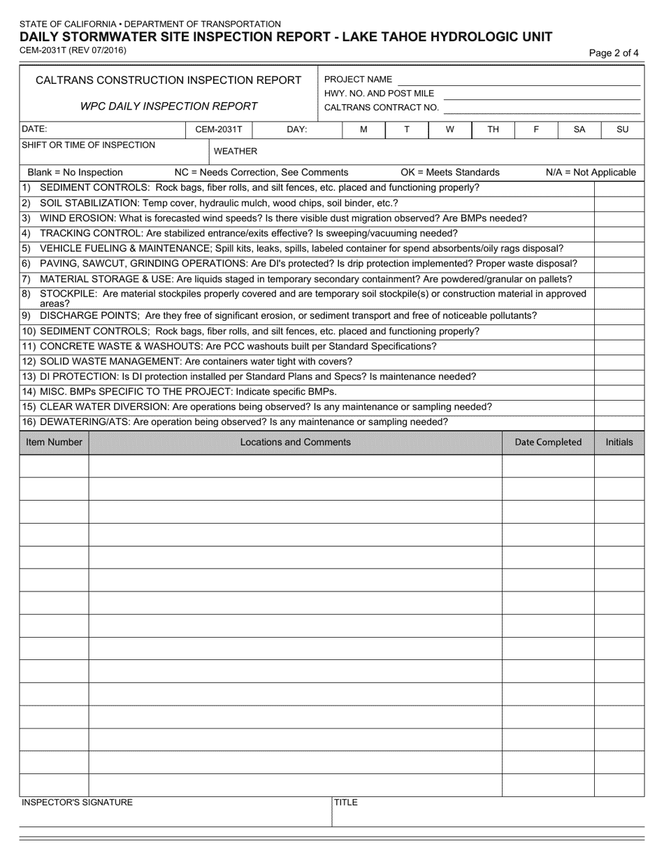 Form CEM-2031T Daily Stormwater Site Inspection Report - Lake Tahoe Hydrologic Unit - California, Page 2