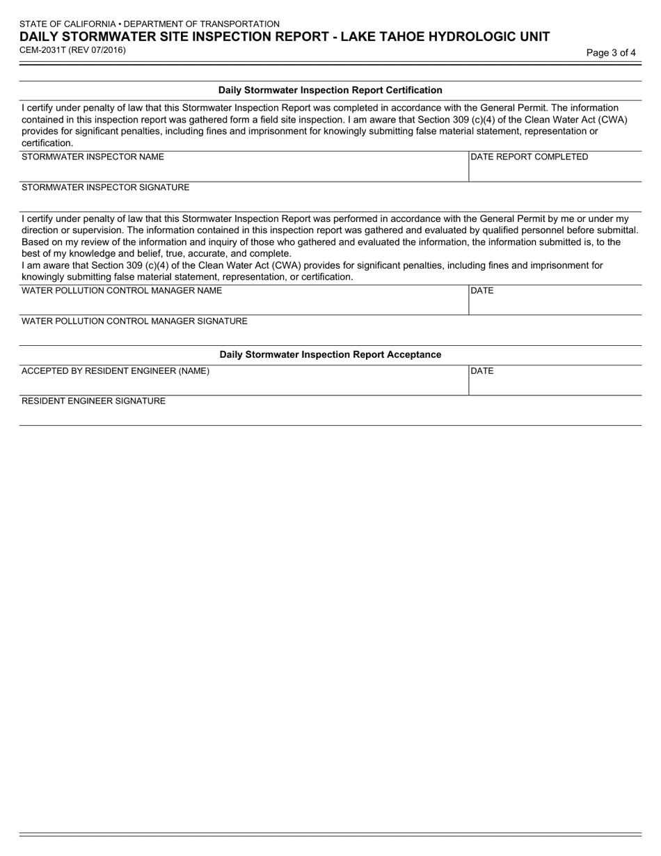 Form CEM-2031T Daily Stormwater Site Inspection Report - Lake Tahoe Hydrologic Unit - California, Page 3