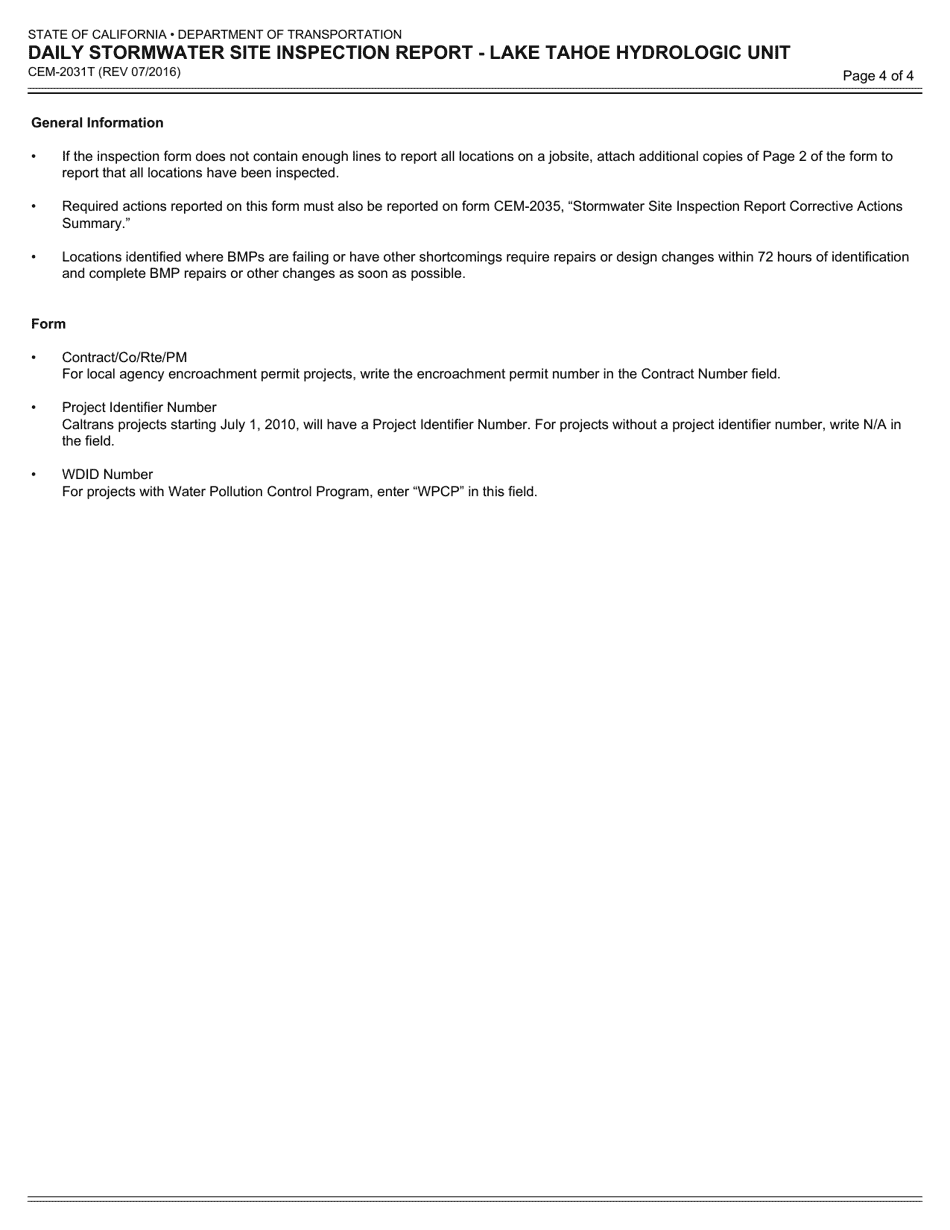Form CEM-2031T Daily Stormwater Site Inspection Report - Lake Tahoe Hydrologic Unit - California, Page 4