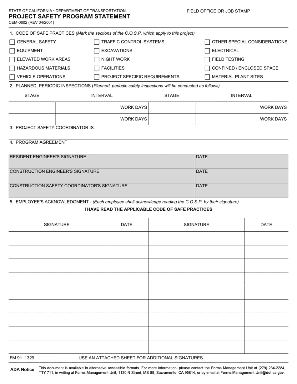 Form CEM-0602 Project Safety Program Statement - California, Page 1