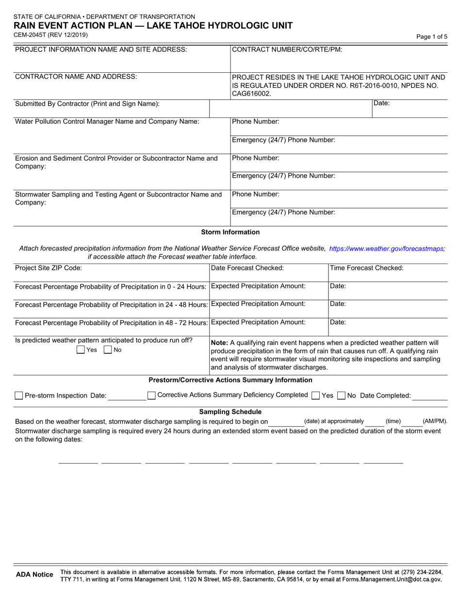Form CEM-2045T Rain Event Action Plan - Lake Tahoe Hydrologic Unit - California, Page 1