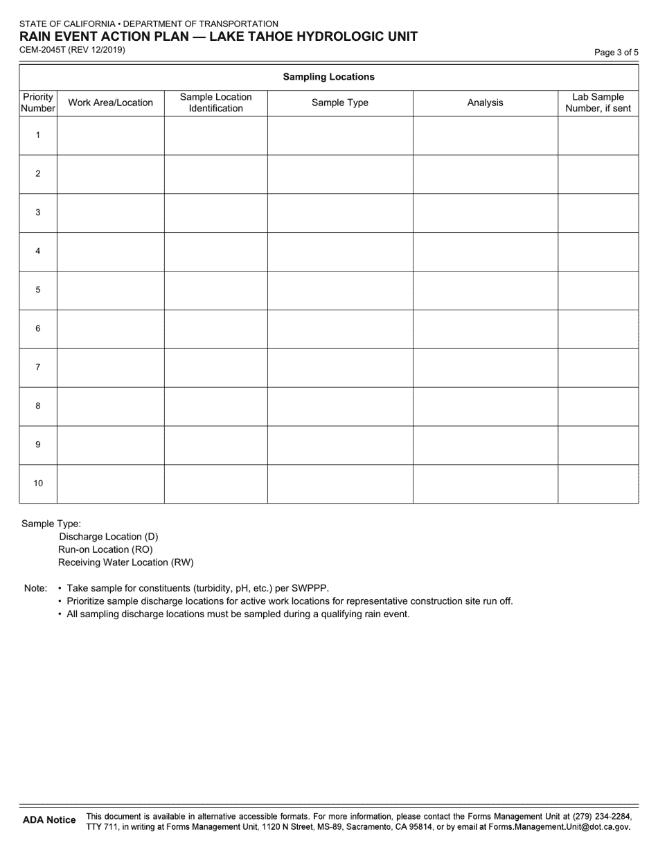 Form CEM-2045T Rain Event Action Plan - Lake Tahoe Hydrologic Unit - California, Page 3