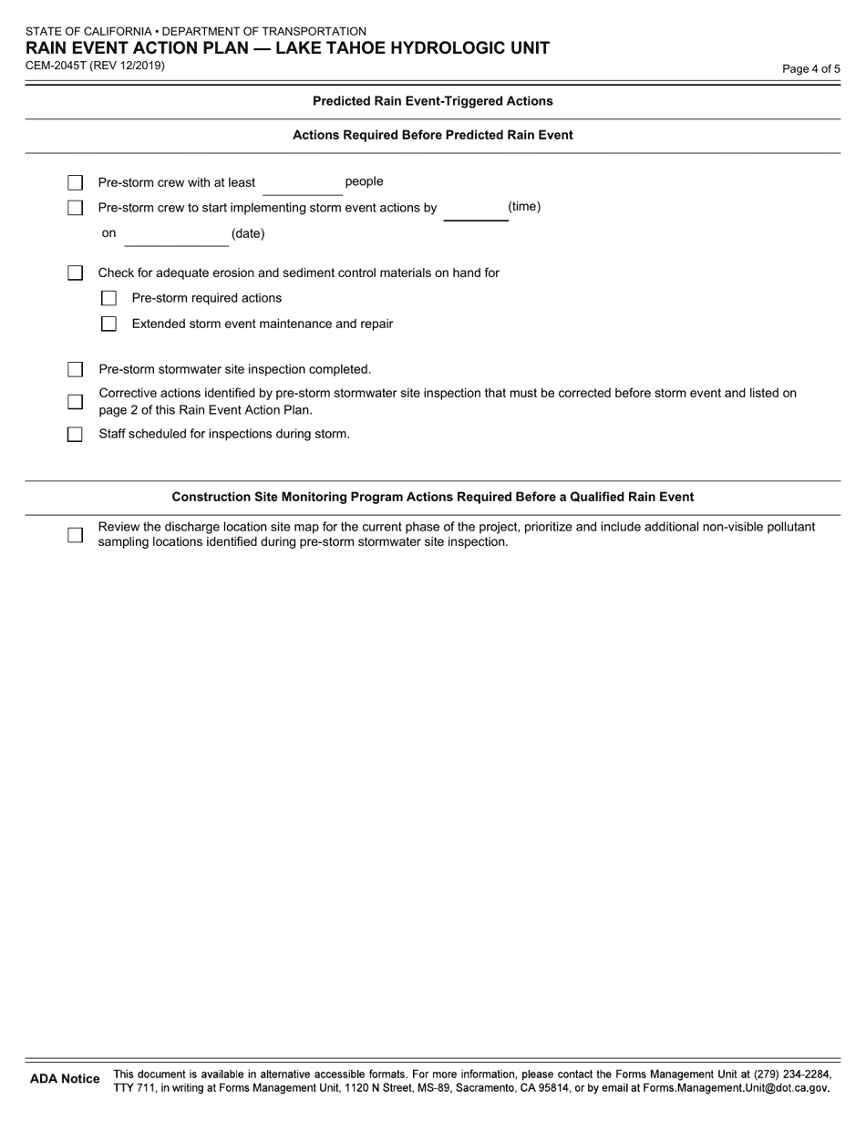 Form CEM-2045T Rain Event Action Plan - Lake Tahoe Hydrologic Unit - California, Page 4