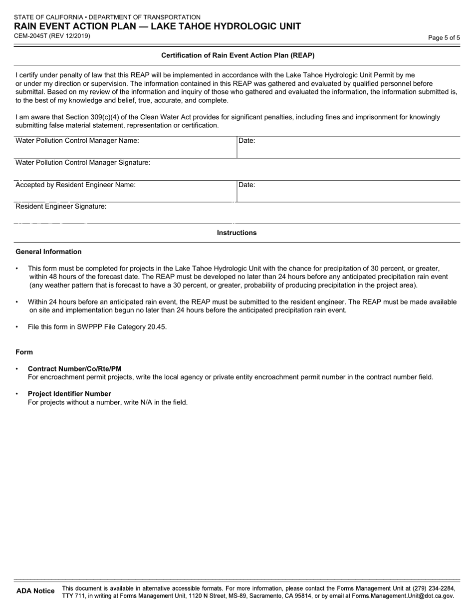 Form CEM-2045T Rain Event Action Plan - Lake Tahoe Hydrologic Unit - California, Page 5