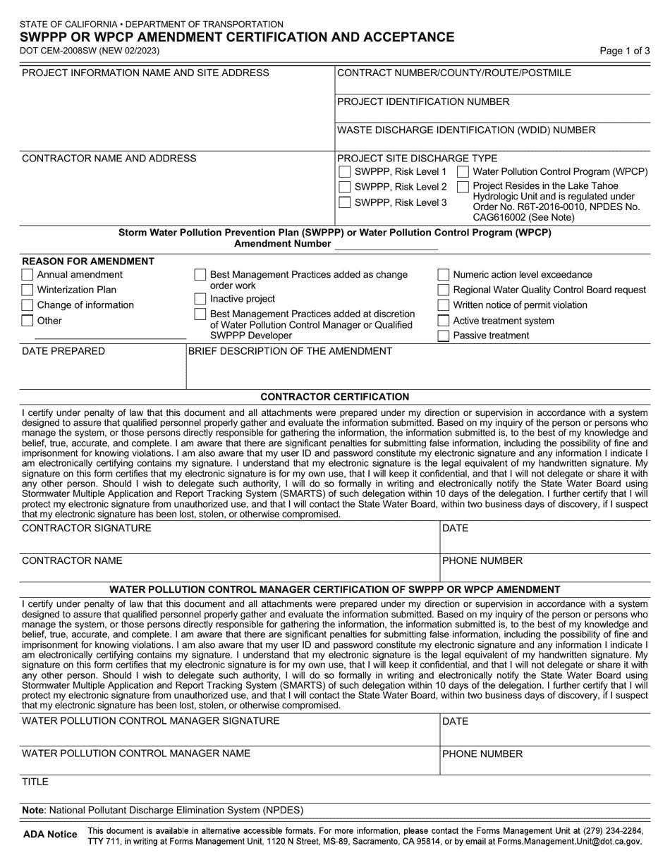 Form DOT CEM-2008SW Swppp or Wpcp Amendment Certification and Acceptance - California, Page 1