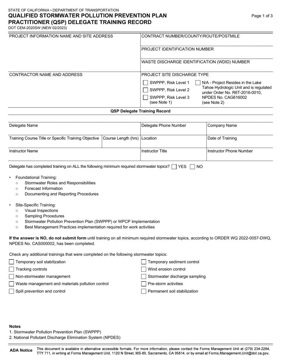 Form DOT CEM-2020SW Qualified Stormwater Pollution Prevention Plan Practitioner (Qsp) Delegate Training Record - California, Page 1