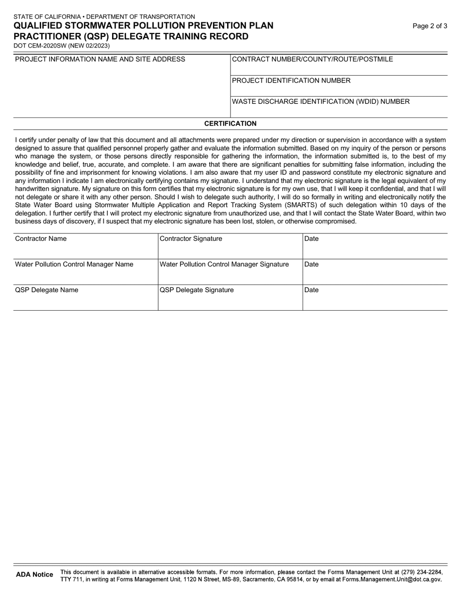 Form DOT CEM-2020SW Qualified Stormwater Pollution Prevention Plan Practitioner (Qsp) Delegate Training Record - California, Page 2