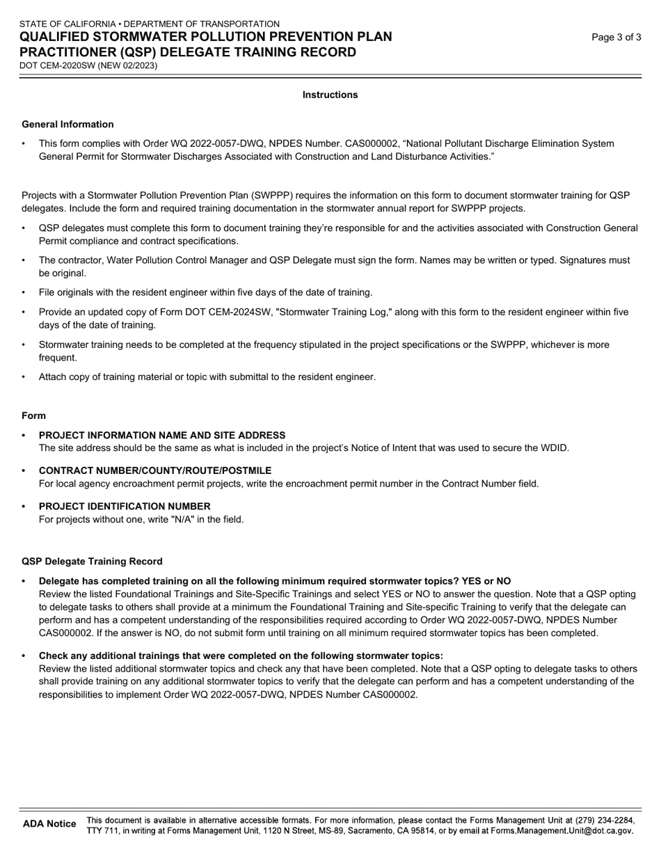Form DOT CEM-2020SW Qualified Stormwater Pollution Prevention Plan Practitioner (Qsp) Delegate Training Record - California, Page 3