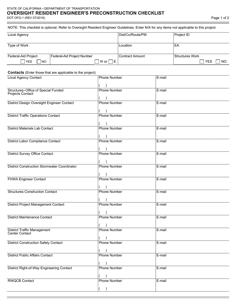 Form DOT OFG-1 Oversight Resident Engineers Preconstruction Checklist - California, Page 1