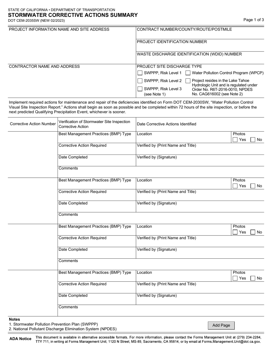 Form DOT CEM-2035SW Stormwater Corrective Actions Summary - California, Page 1