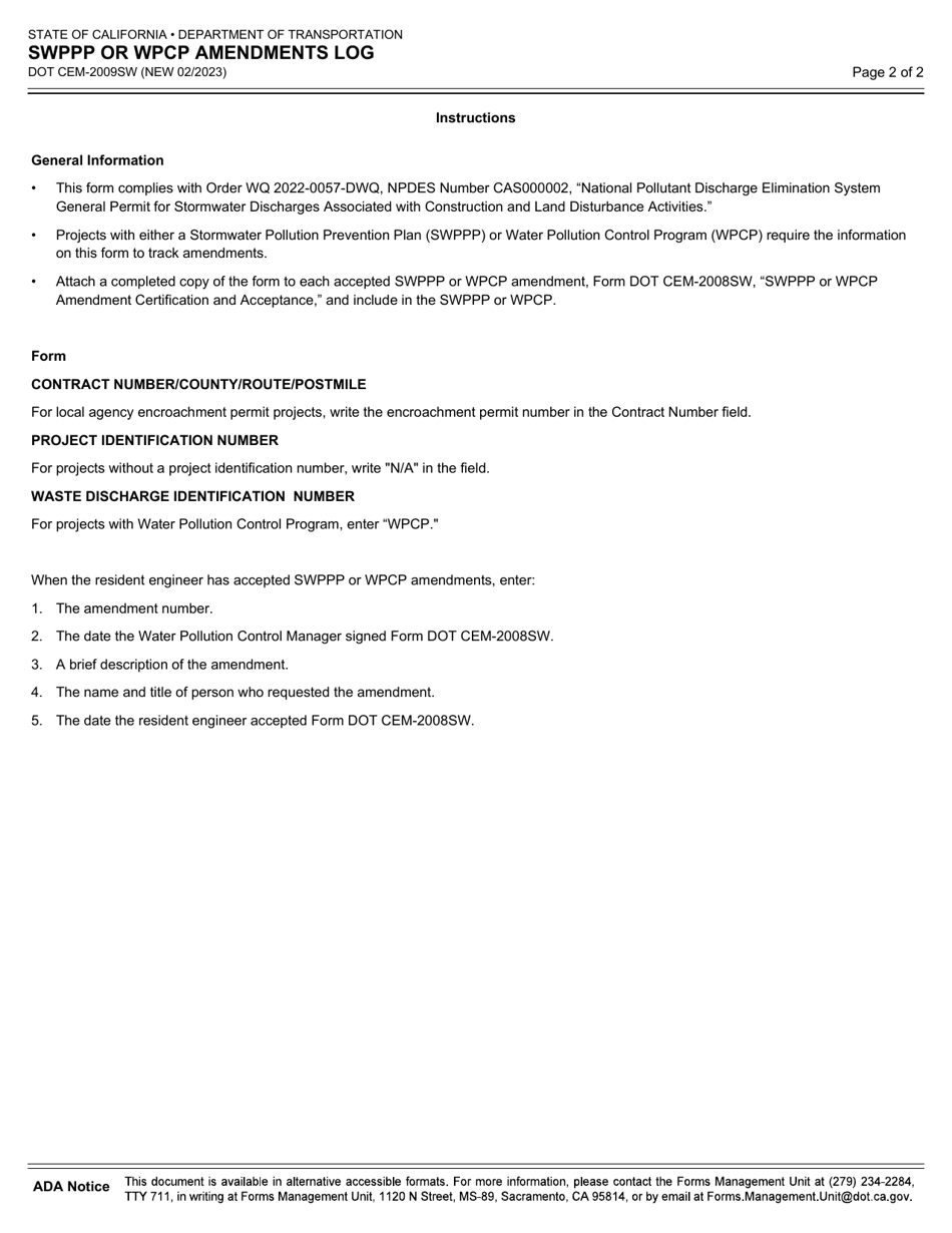 Form DOT CEM-2009SW Swppp or Wpcp Amendments Log - California, Page 2