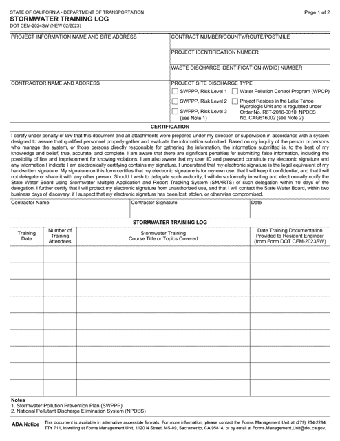 Form DOT CEM-2024SW  Printable Pdf