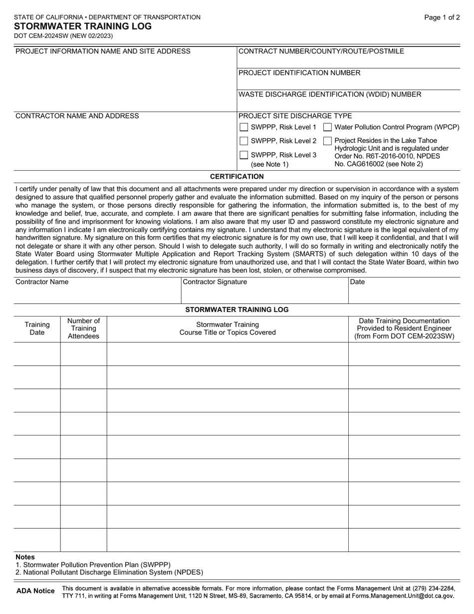 Form DOT CEM-2024SW Stormwater Training Log - California, Page 1