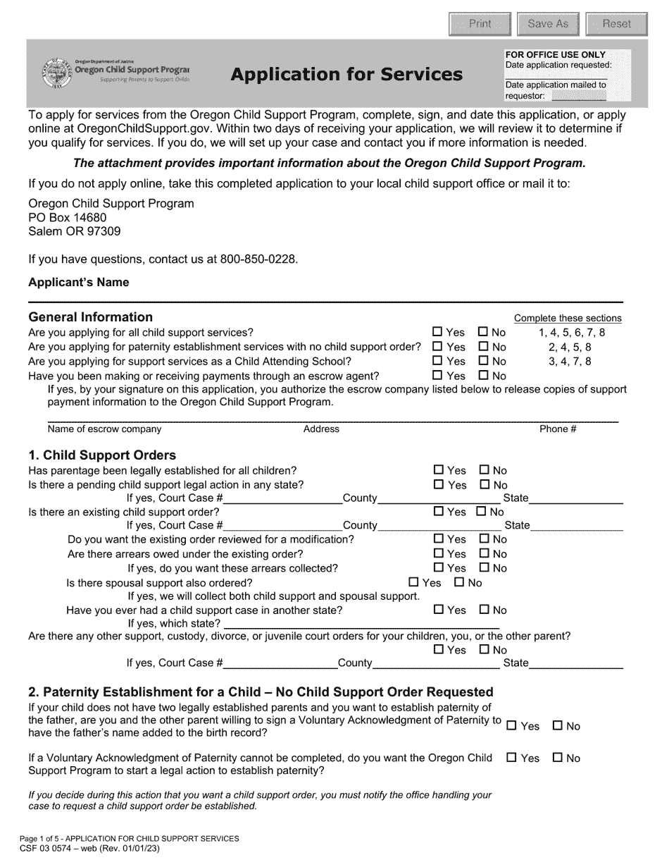 Form CSF03 0574 Application for Services - Oregon, Page 1