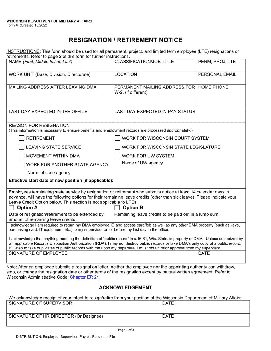 Resignation / Retirement Notice - Wisconsin, Page 1