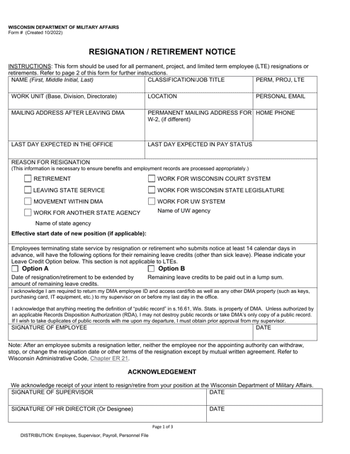 Resignation / Retirement Notice - Wisconsin Download Pdf
