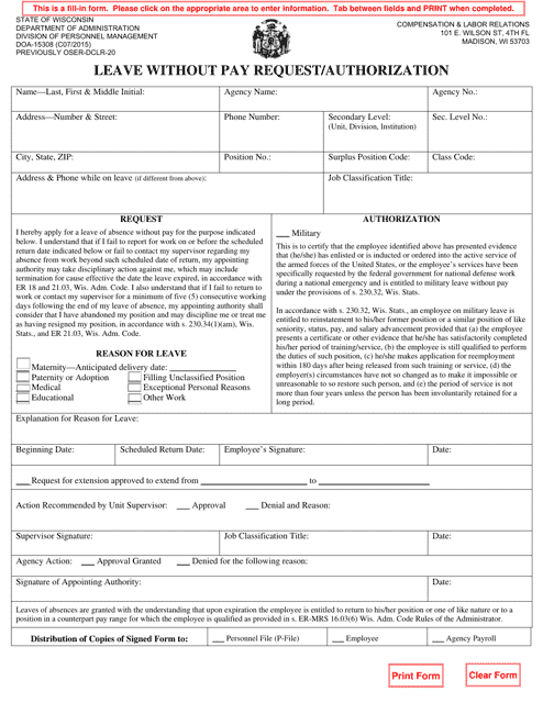 Form DOA-15308 Leave Without Pay Request/Authorization - Wisconsin