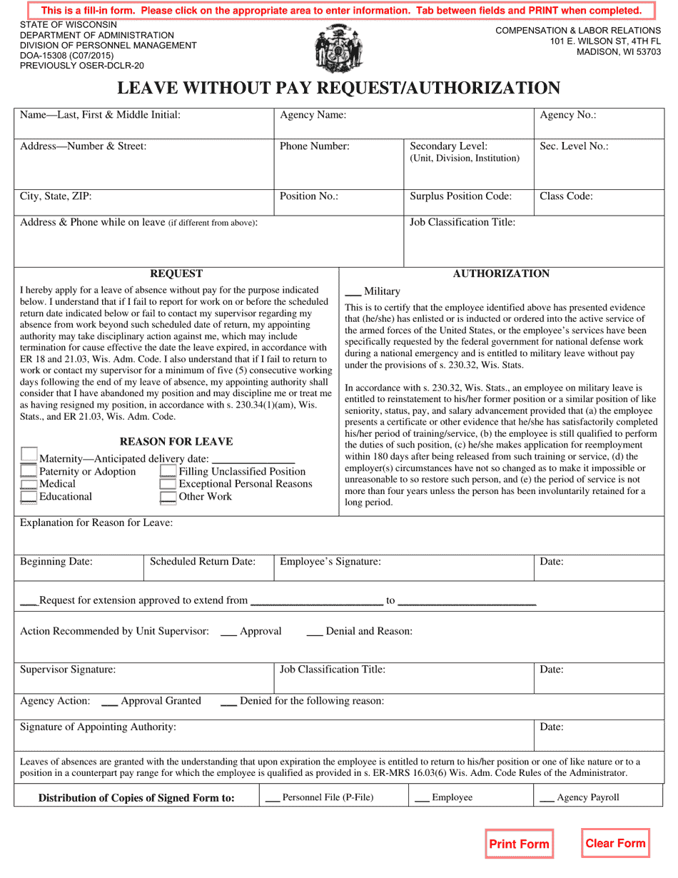Form DOA-15308 Leave Without Pay Request / Authorization - Wisconsin, Page 1