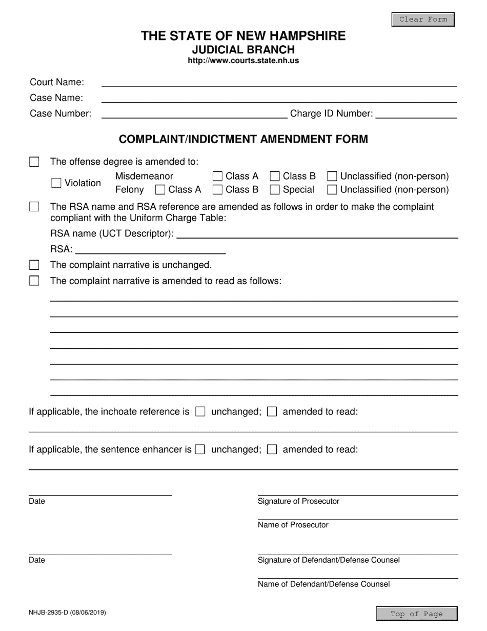 Form NHJB-2935-D Complaint / Indictment Amendment Form - New Hampshire, Page 1