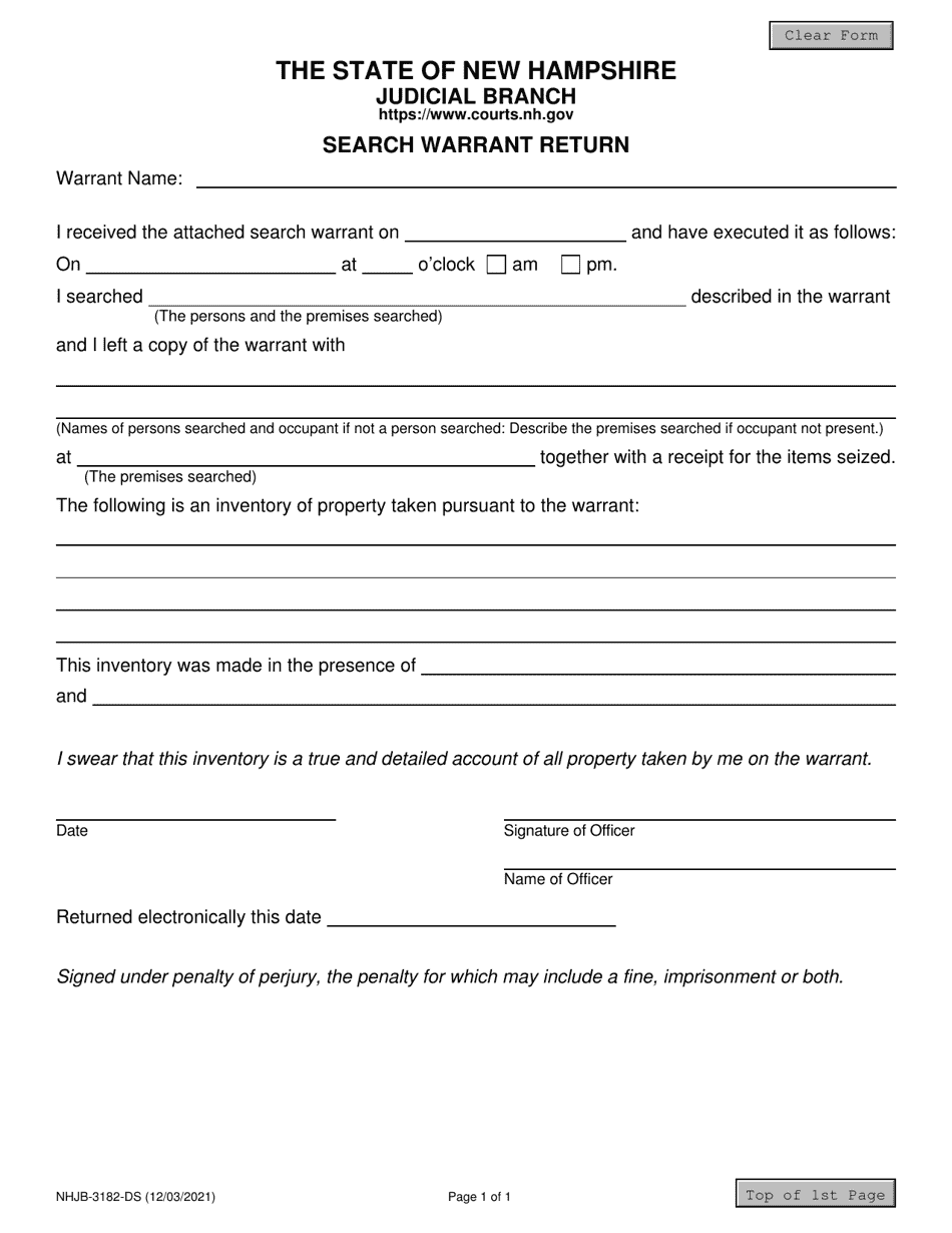 Form NHJB-3182-DS Search Warrant Return - New Hampshire, Page 1
