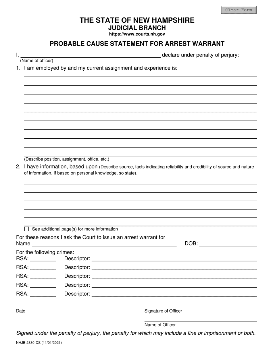 Form NHJB-2330-DS Probable Cause Statement for Arrest Warrant - New Hampshire, Page 1