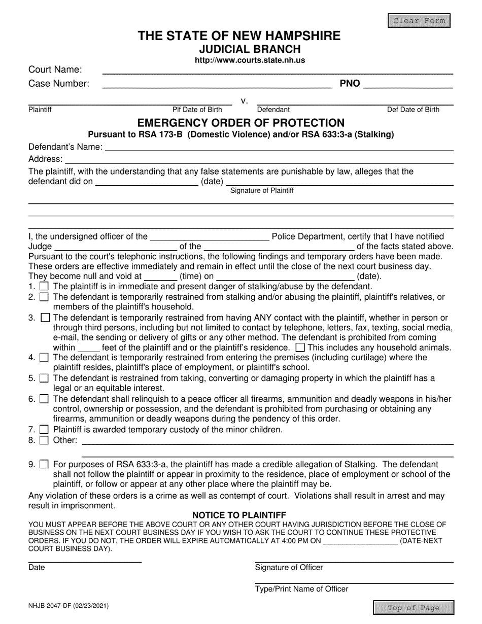 Form NHJB-2047-DF Emergency Order of Protection - New Hampshire, Page 1