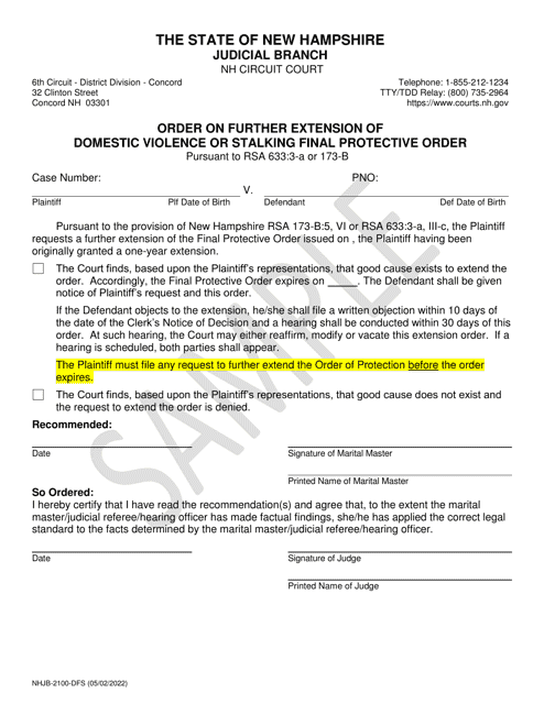 Form NHJB-2100-DFS Order on Further Extension of Domestic Violence or Stalking Final Protective Order - Sample - New Hampshire