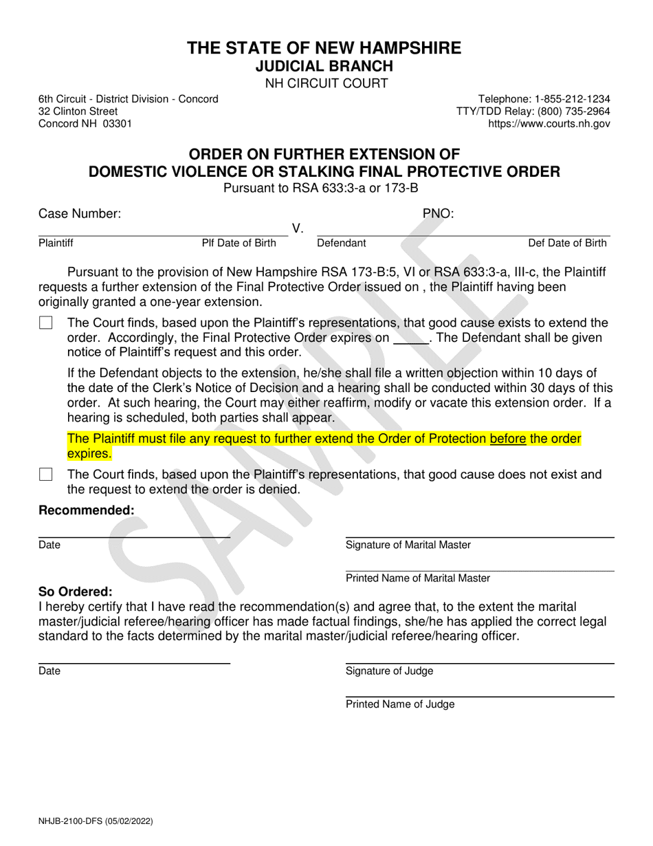 Form NHJB-2100-DFS Order on Further Extension of Domestic Violence or Stalking Final Protective Order - Sample - New Hampshire, Page 1
