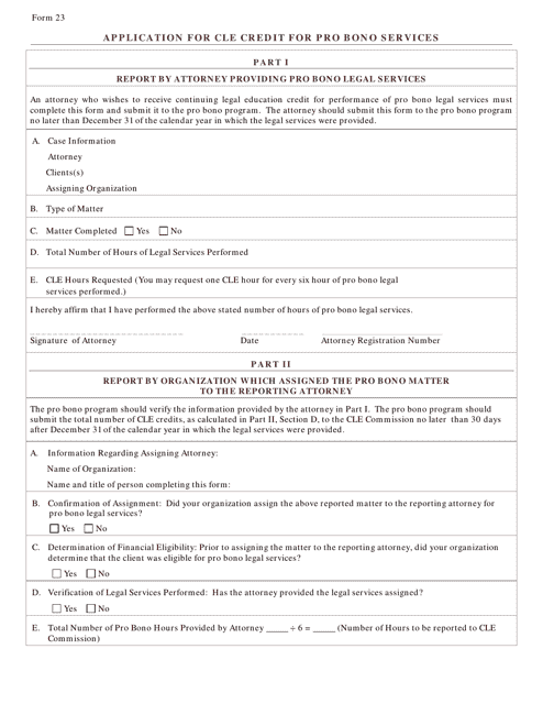 Form 23 Application for Cle Credit for Pro Bono Services - Ohio