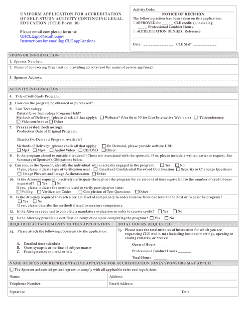 CCLE Form 10 Uniform Application for Accreditation of Self-study Activity Continuing Legal Education - Ohio